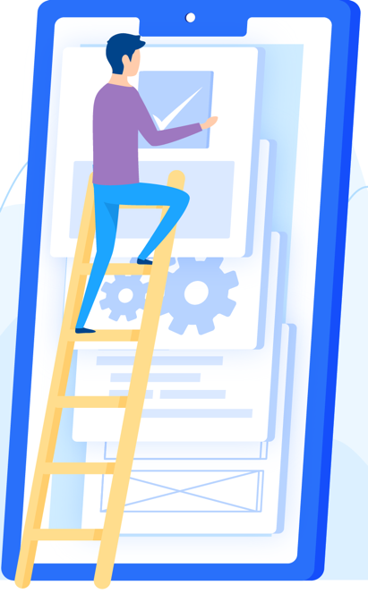Person on a ladder updating a large smartphone interface with gears and documents in a blue deviceillustration of app design or mobile UI development in progress   Nerds On Site